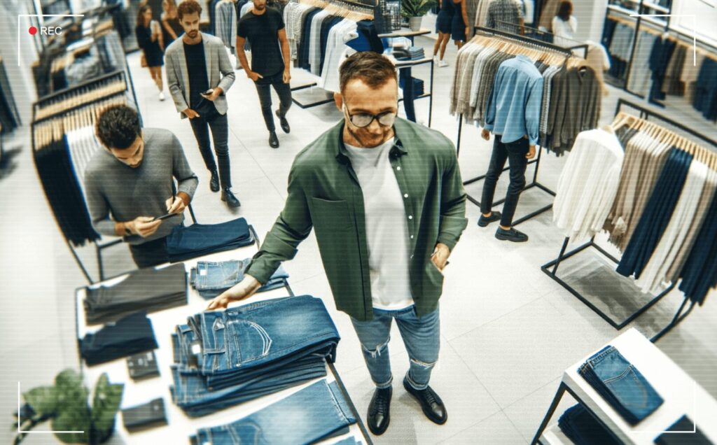 security camera turned on and used in a clothes shop full of customers